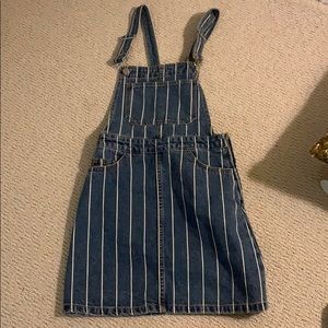striped overall dress denim